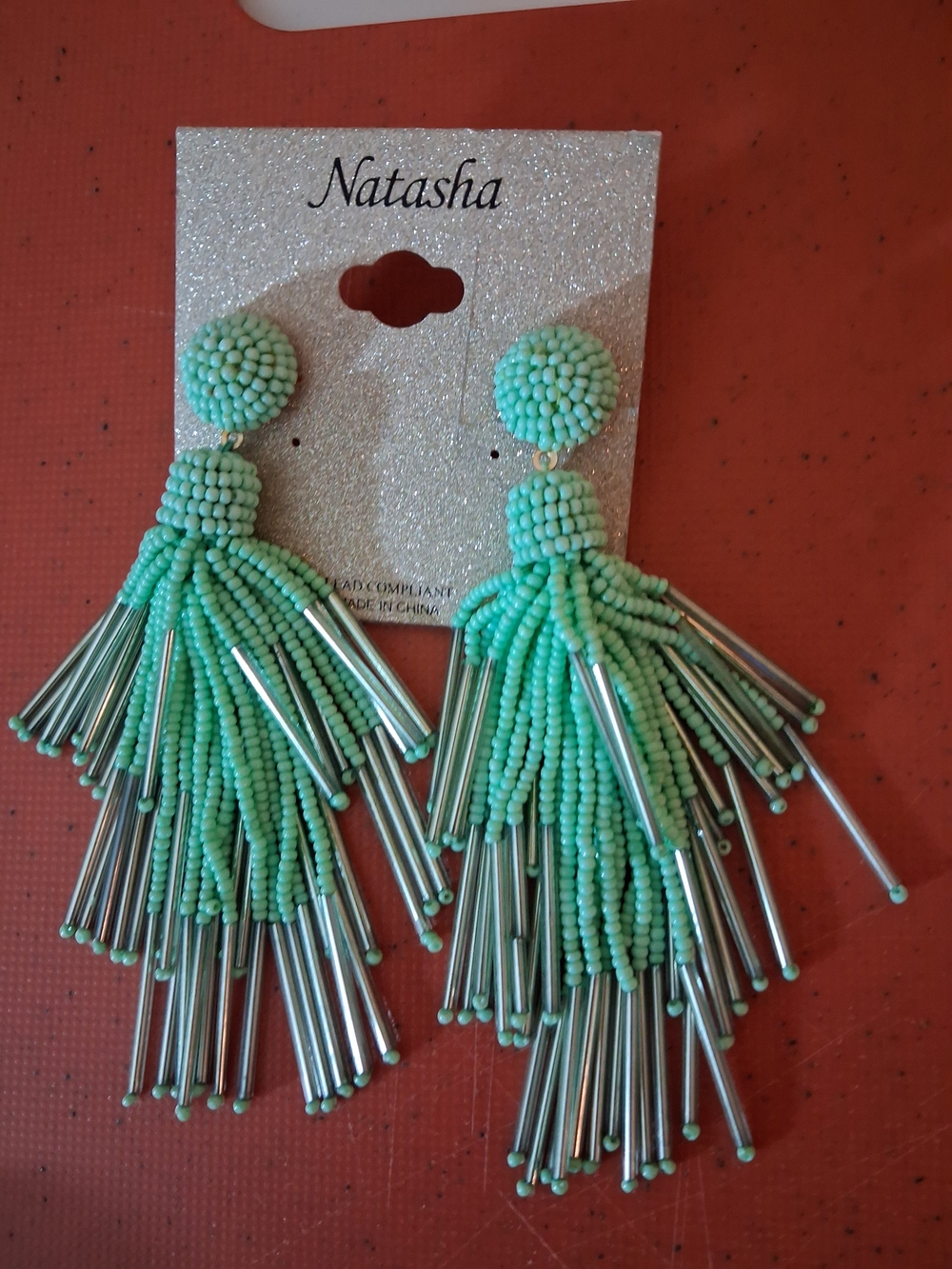 Natasha Statement Mint Green Turquoise Silver Beaded Tassel Drop Earrings